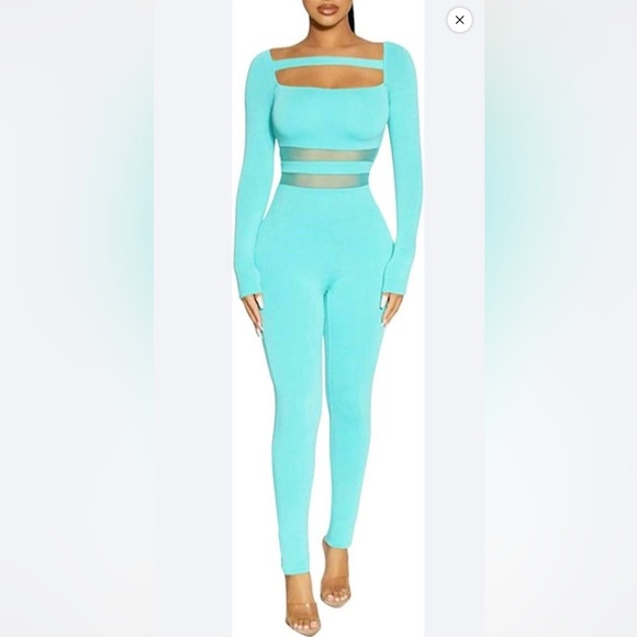 naked wardrobe Pants - NAKED WARDROBE MESH CUT OUT LONG SLEEVE JUMPSUIT